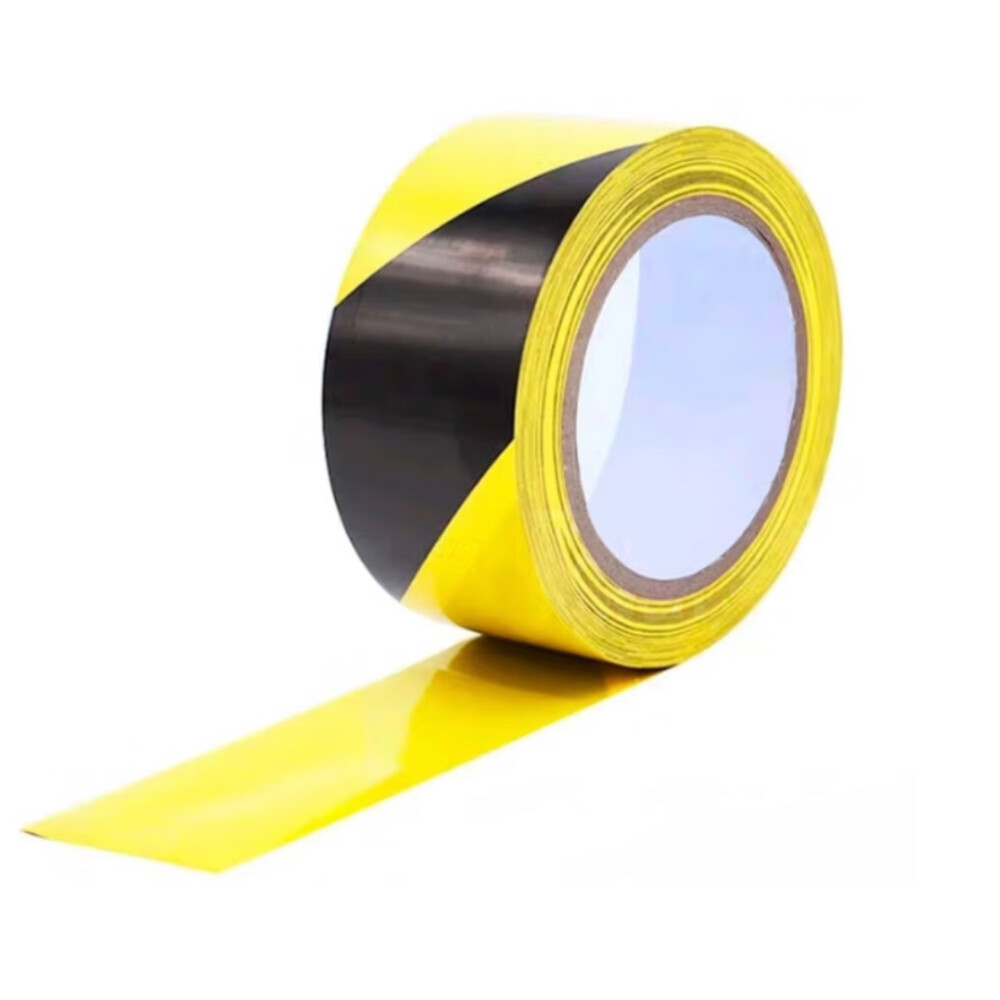PVC Floor Warning Tape, 766, Yellow Black Diagonal Stripes, 1.575 in Width, 108.27 ft Length, Paper Core