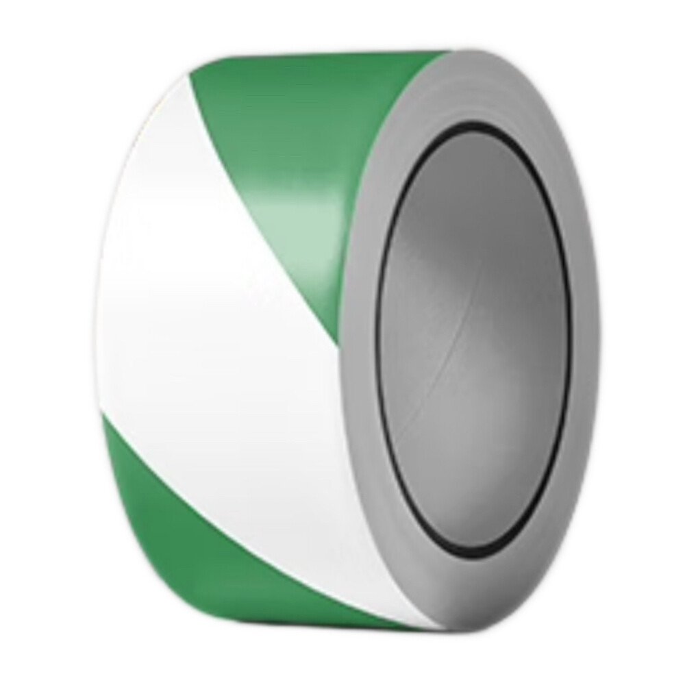 PVC Floor Warning Tape, Green and White Diagonal Stripes, Width 2.953 in, Length 72.18 ft