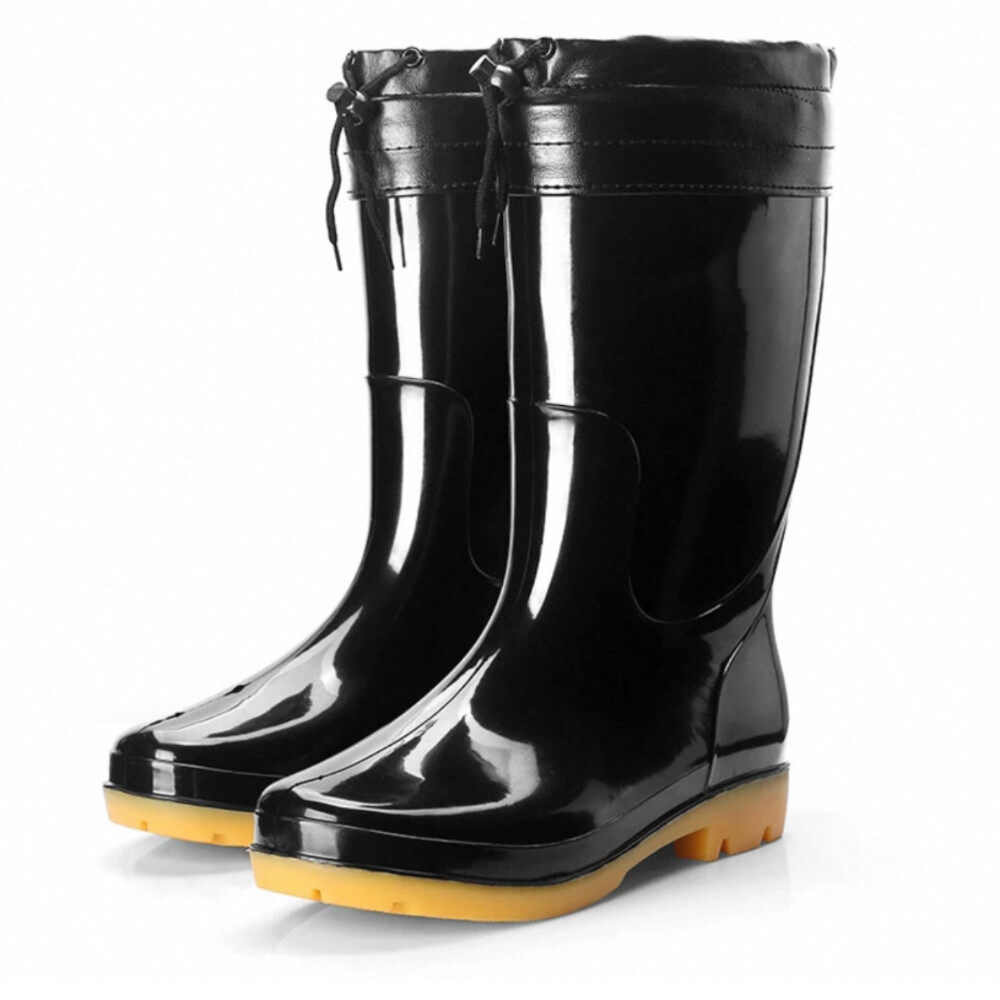 Multi Functional PVC High Calf Rain Boots, Black with Yellow Sole, Height 14.96 in