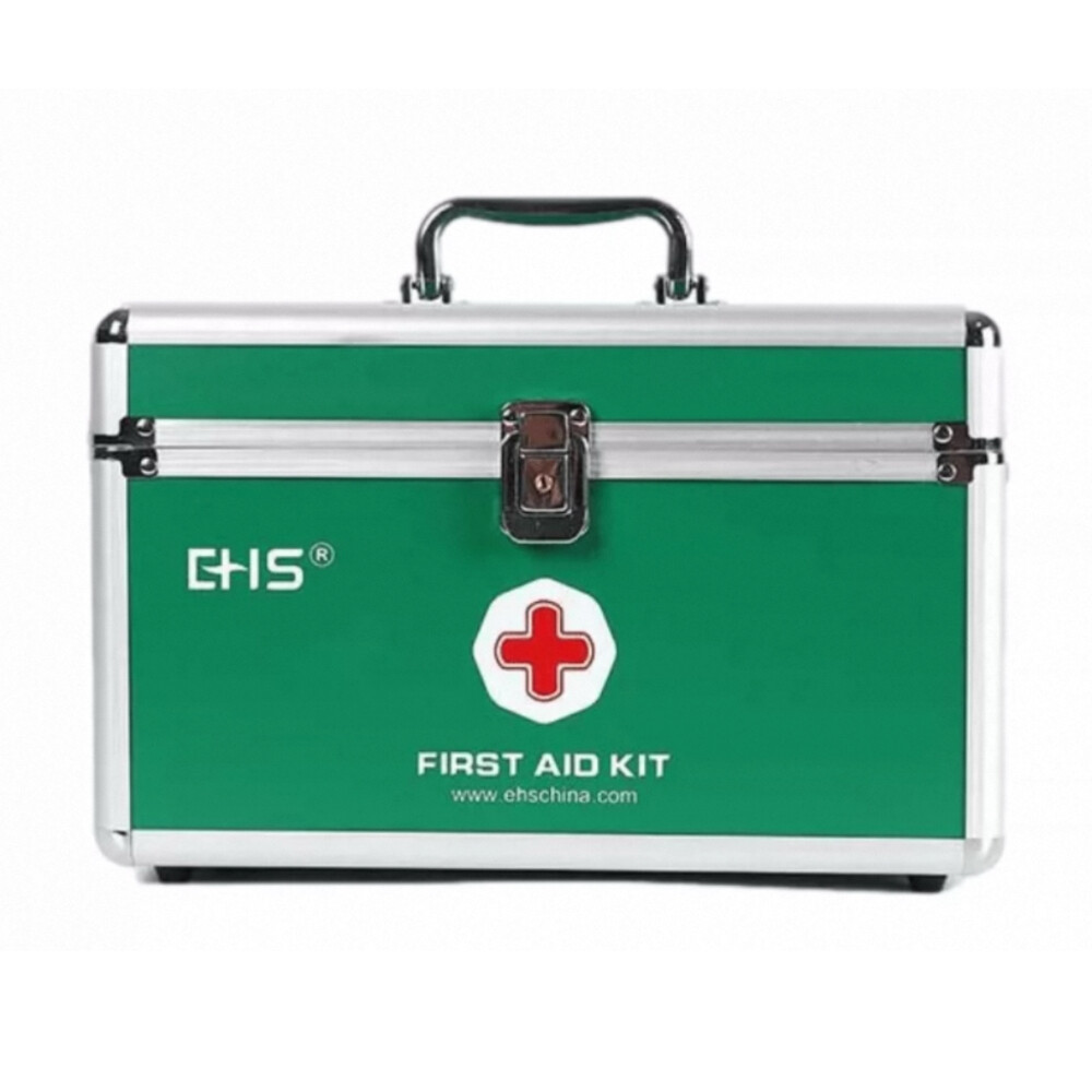 Multi purpose first aid kit K 001P, green aluminum case, single shoulder or handheld design, includes multiple emergency items, 12.6in by 7.9in by 7.9in