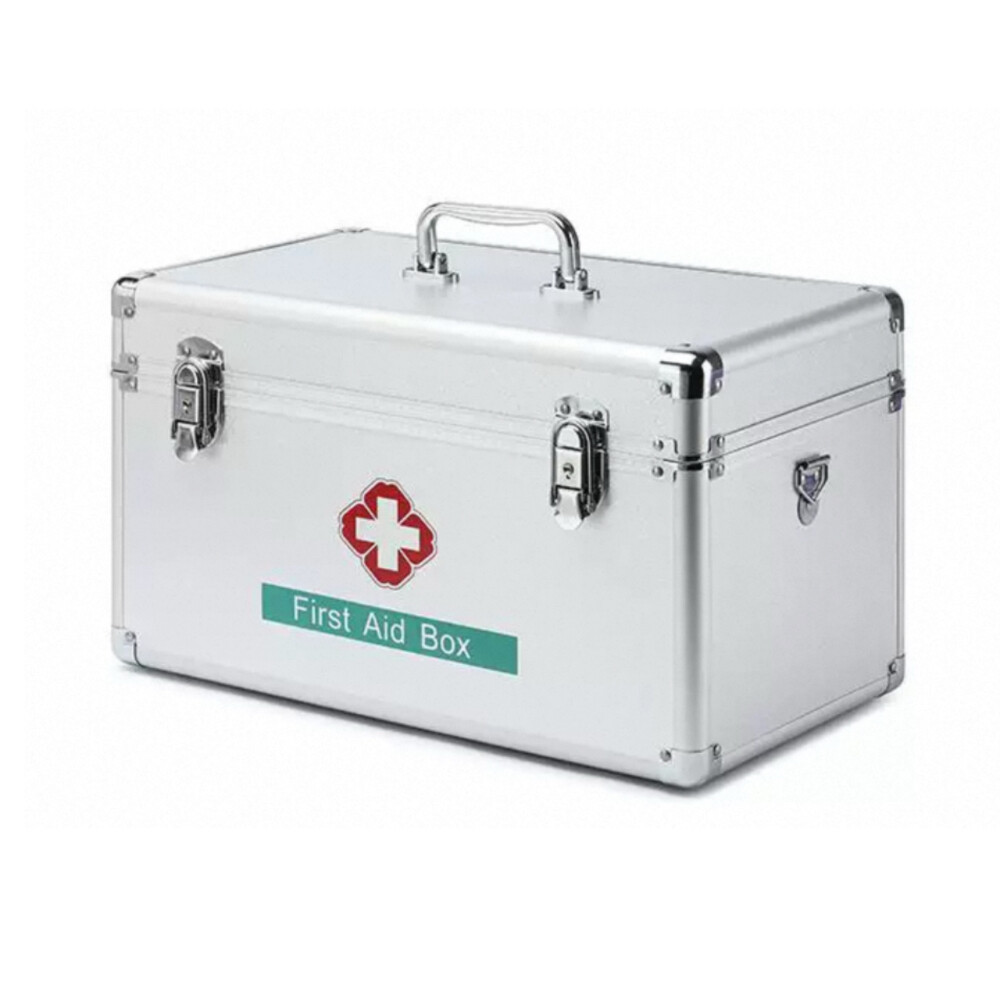 First Aid Kit Case, Empty, Metal Silver, Aluminum Frame and Medium Fiber Panel, Handheld, Shoulder Carry, Size 11×7.1×6.7 in
