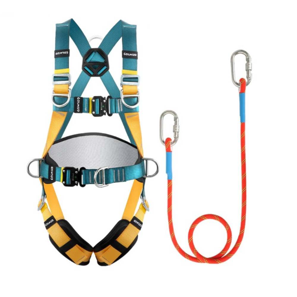 Full body five point fall protection safety harness set, model GM3657, includes harness and dual large hook buffer rope length 5.91 foot