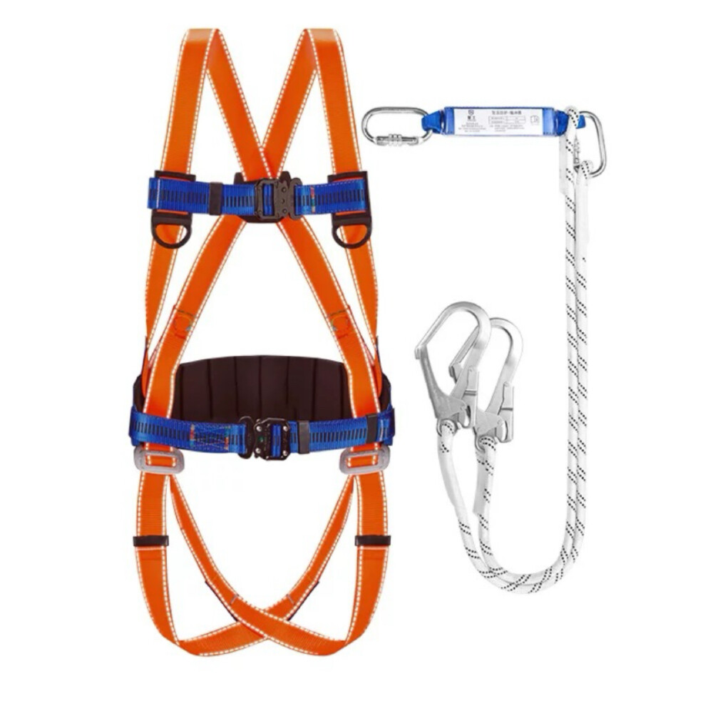 Full body five point fall protection safety harness set, model GJ HS08, includes harness and dual hook aluminum alloy elastic rope length 5.91 foot
