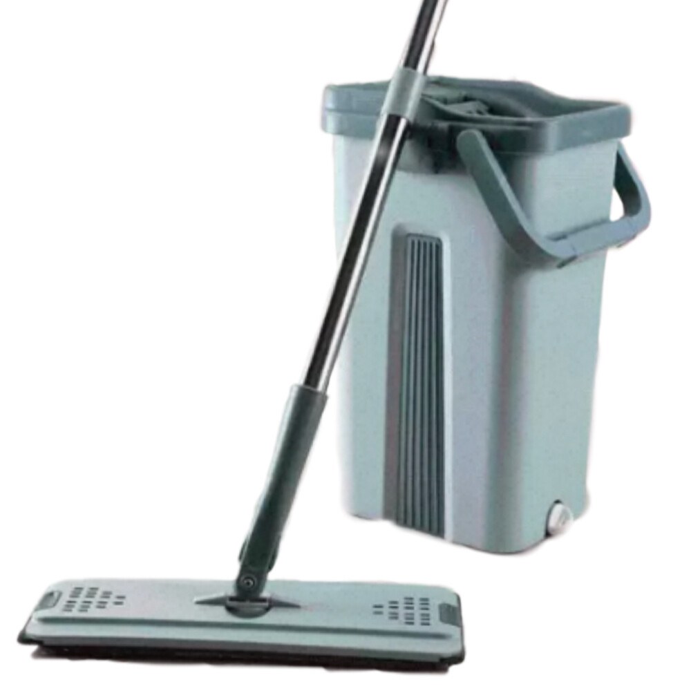 Hands free flat mop set with bucket, length 50.39 inch, width 12.99 inch, green