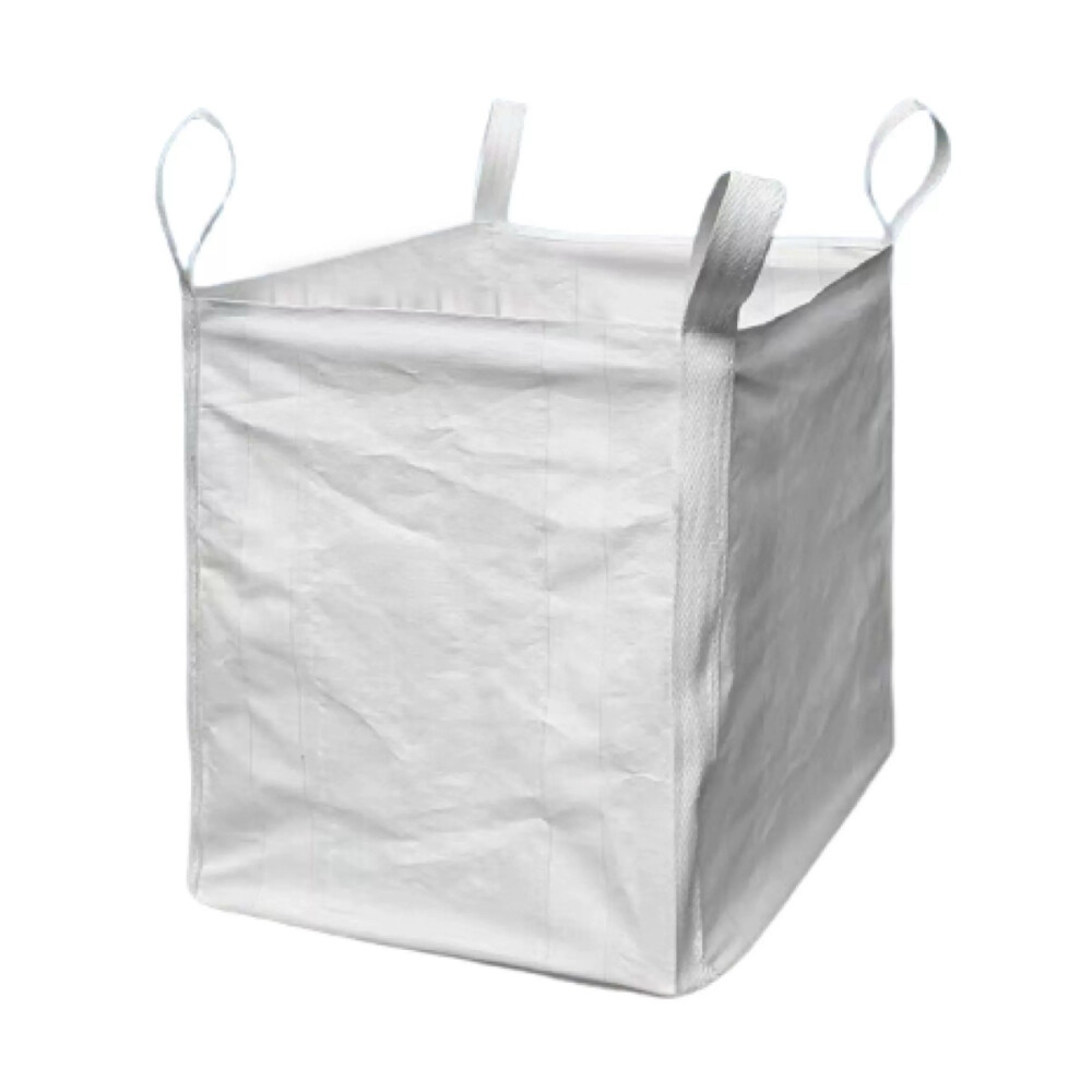 Jumbo bag, four lifting loops, top with tying cloth, X shaped bottom, length 43.31 inch, width 35.43 inch, height 35.43 inch