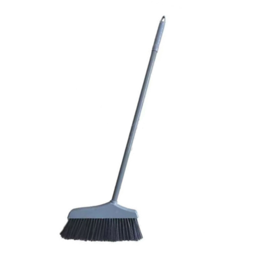 Soft bristle plastic broom with integrated pole, head width 11.02 inch, head depth 6.30 inch, pole length 27.95 inch, gray