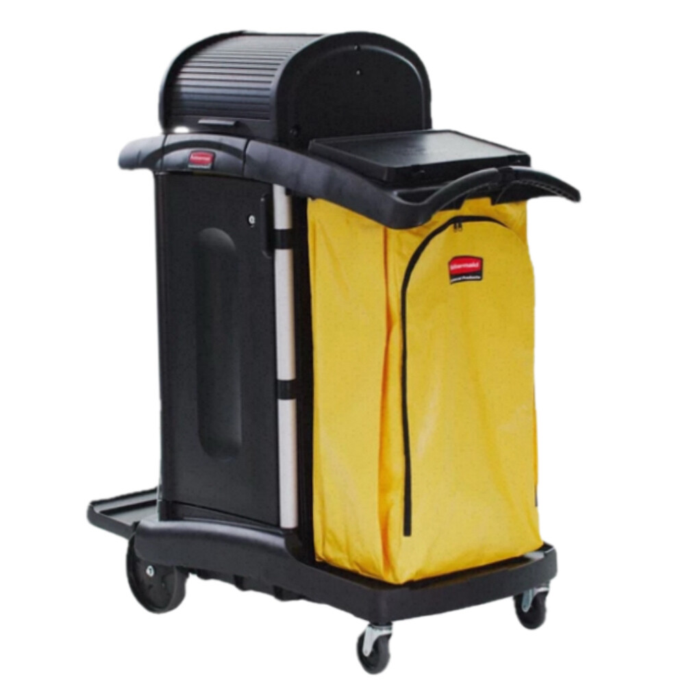 Large capacity guest room cleaning handcart black length forty five point nine eight inch width twenty one point three four inch height thirty eight point three nine inch capacity sixty liter