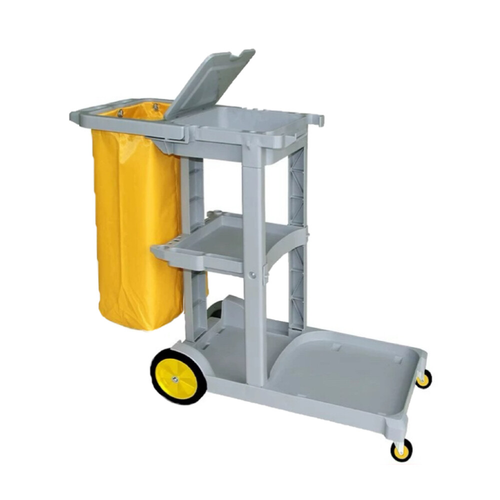 Commercial multi functional cleaning service handcart gray body yellow bag length forty four point six nine inch width twenty point zero eight inch height thirty eight point five eight inch