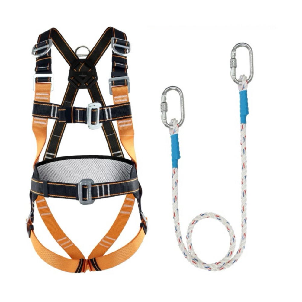 Full body fall protection safety harness set, model GM893, includes harness and dual small hook buffer rope length 9.84 foot