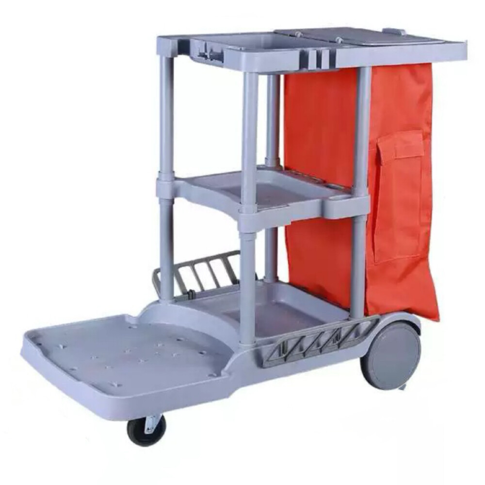 Dual layer cleaning tool cart, length 39.37 inch, width 22.05 inch, height 38.19 inch, gray