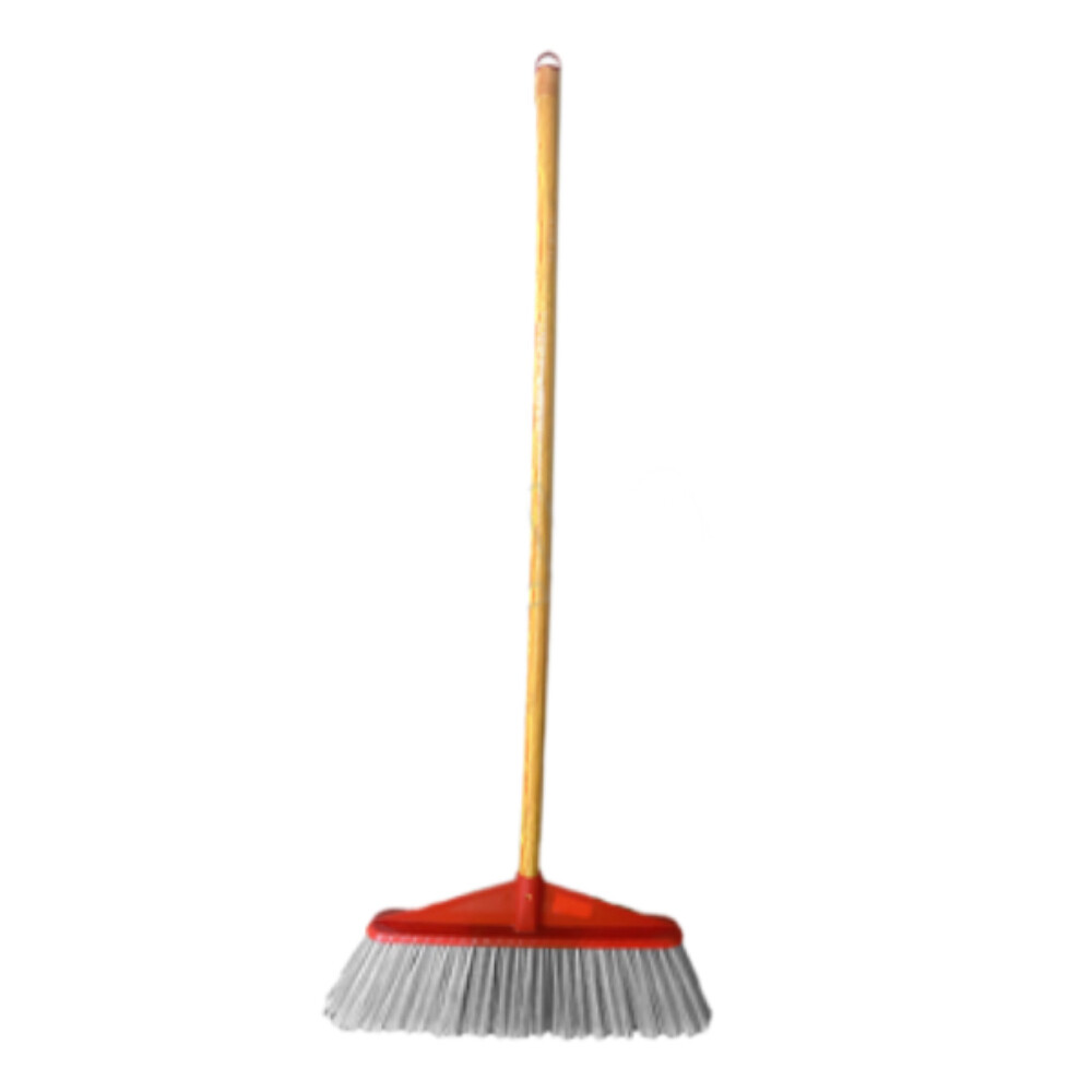 Extended wooden handle wide head hard bristle broom, length 46.46 inch, head width 13.78 inch, head depth 6.30 inch