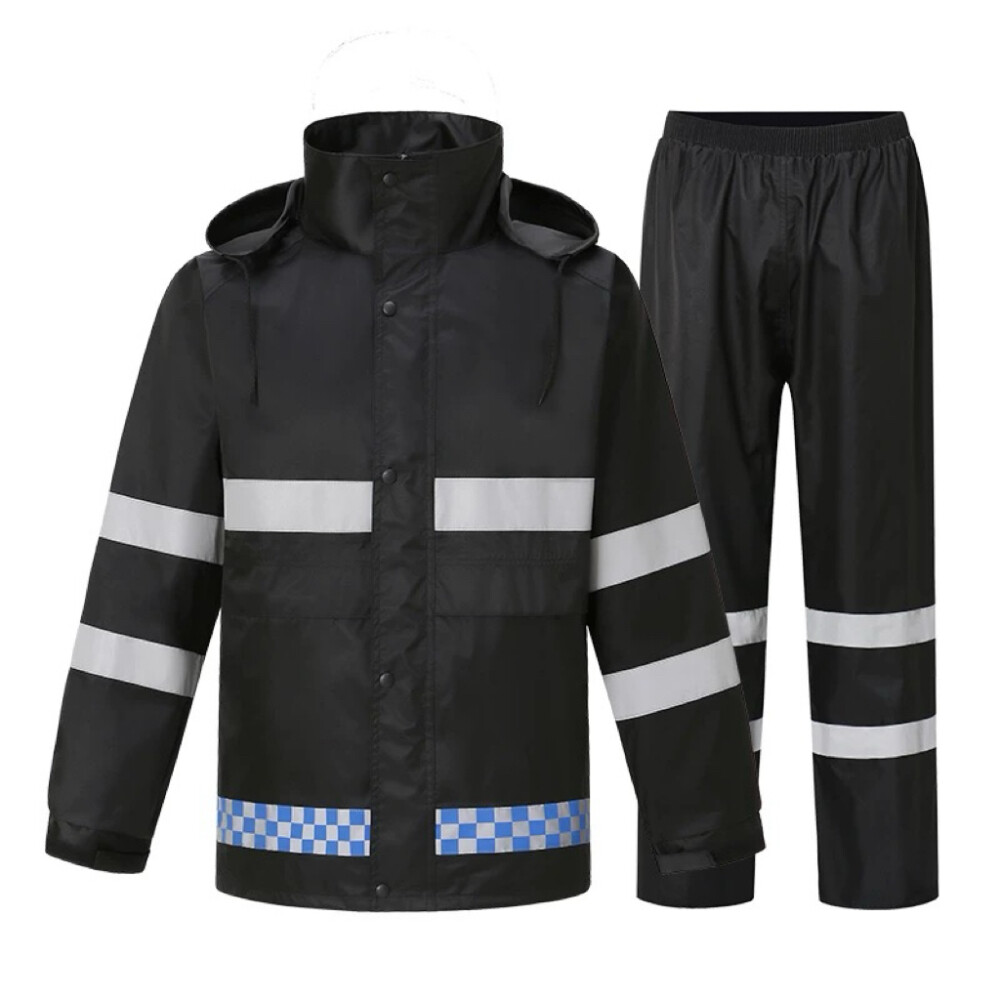 Reflective raincoat set with dual brims, blue check black, includes jacket and pants