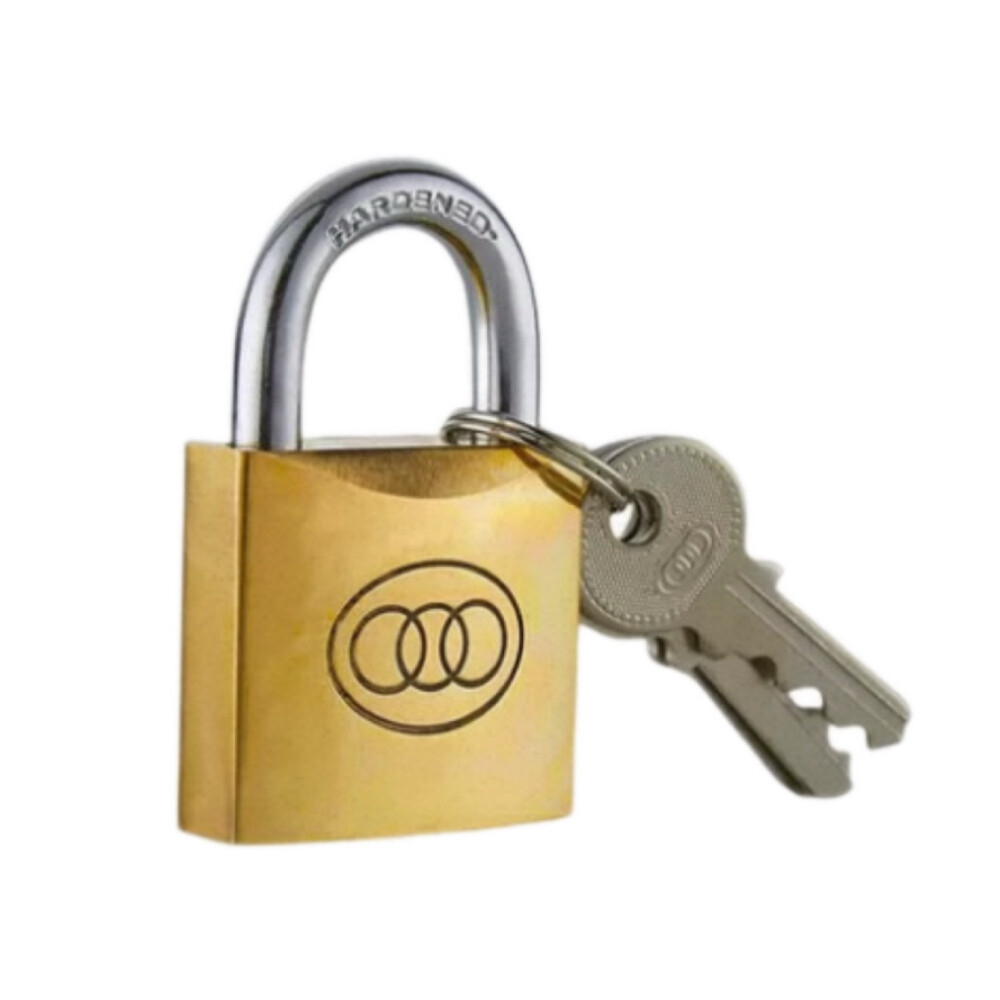 Short shackle brass padlock, model 265 50, brass, keyed different, lock body width 1.97 inch, lock body height 1.69 inch