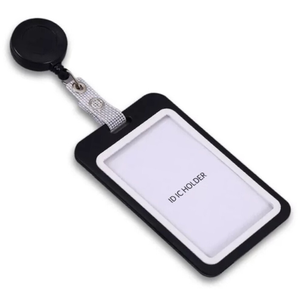 Retractable ID badge holder, model TJ2383, plastic material, length 4.37 inch, width 2.76 inch, black, with card