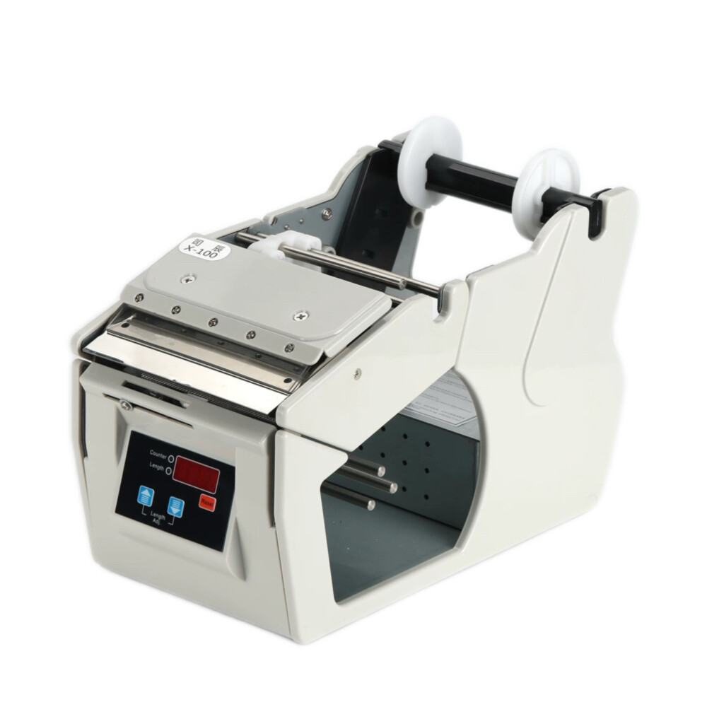 Automatic label dispenser, model X 100, length 11.00 inch, width 5.35 inch, height 6.85 inch, label width from 0.20 inch to 3.94 inch