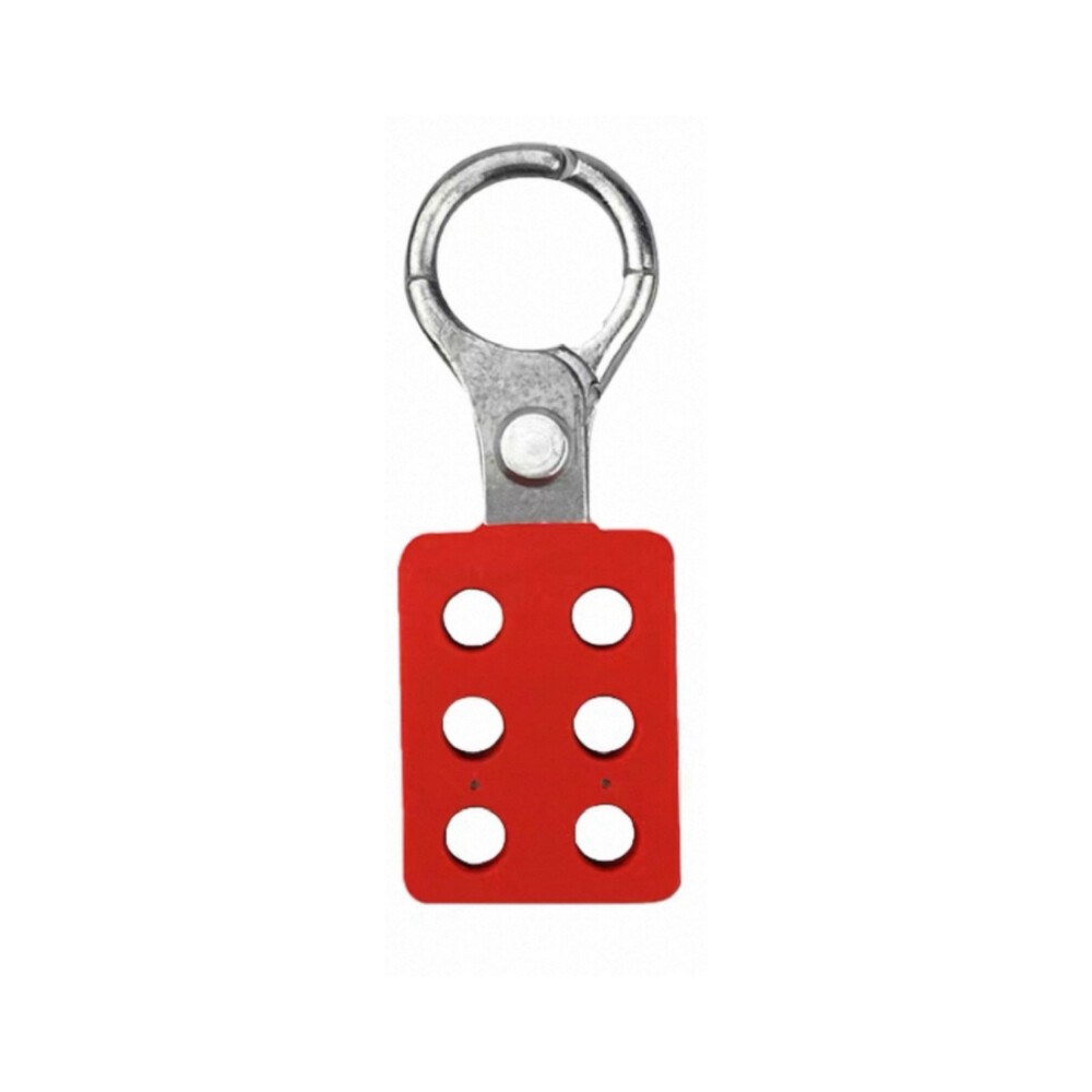 Aluminum hasp lock, model MDK04L writable, width 2.95 inch, height 7.40 inch, hook diameter 1.42 inch, holds 8 padlocks, red