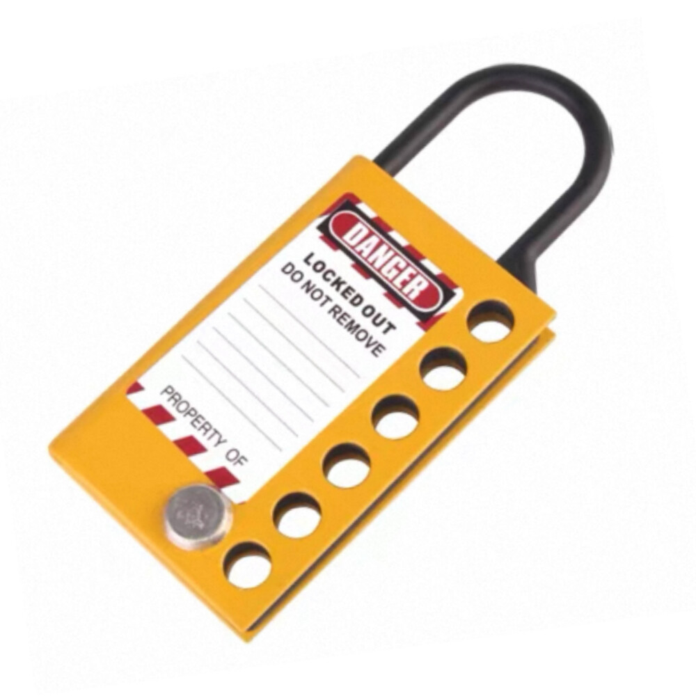 Aluminum tag safety hasp lock, model BD K51, hook diameter 0.20 inch, lock hole diameter 0.33 inch, holds 6 padlocks, yellow