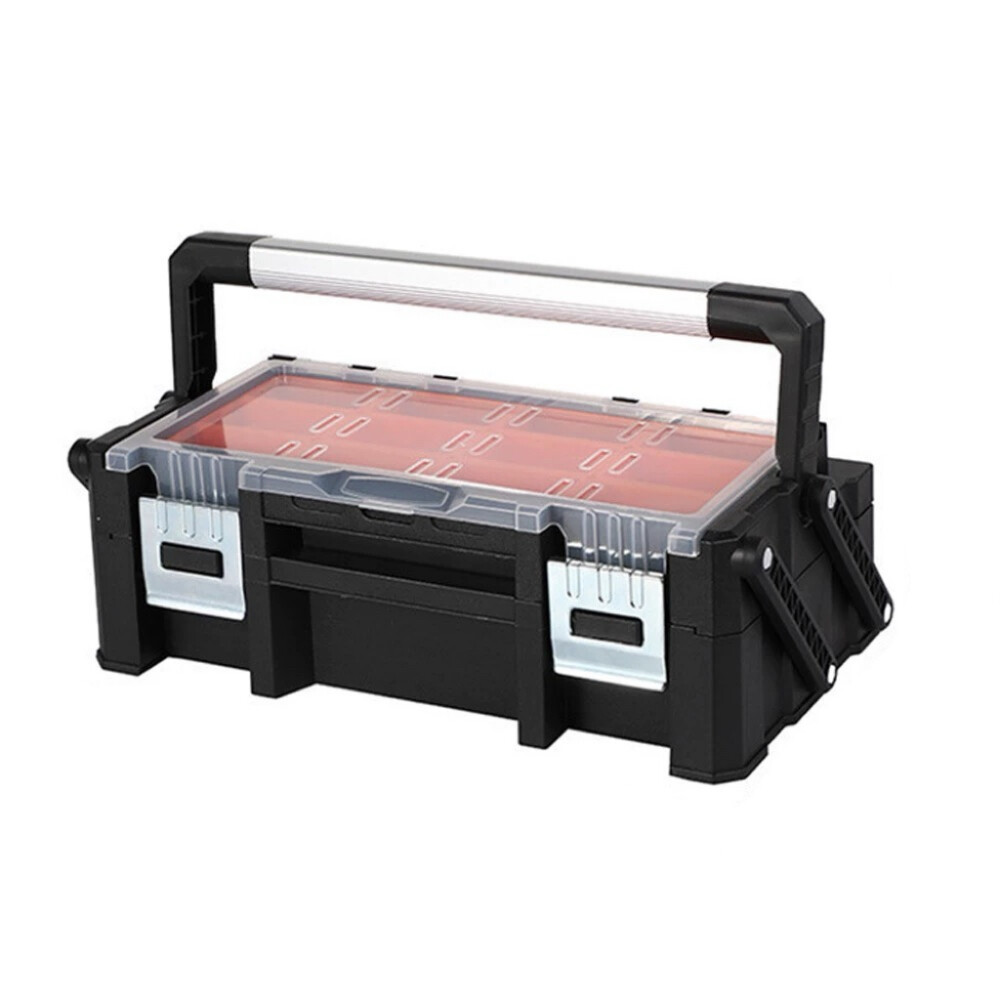 Double layer portable folding tool storage box, multi grid tool organizer case, electrician repair, home use