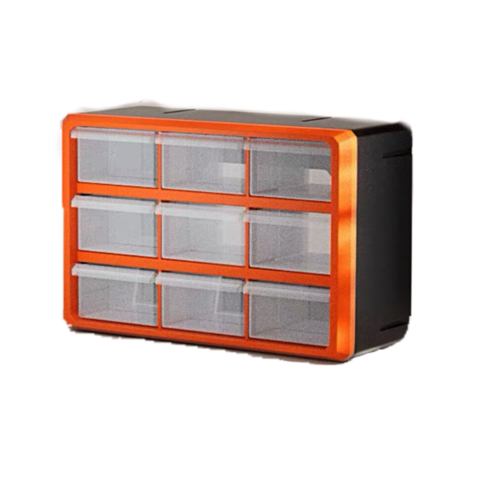 Drawer type parts box, 9 compartments, length 14.17 inch, width 9.45 inch, height 7.09 inch, orange and black