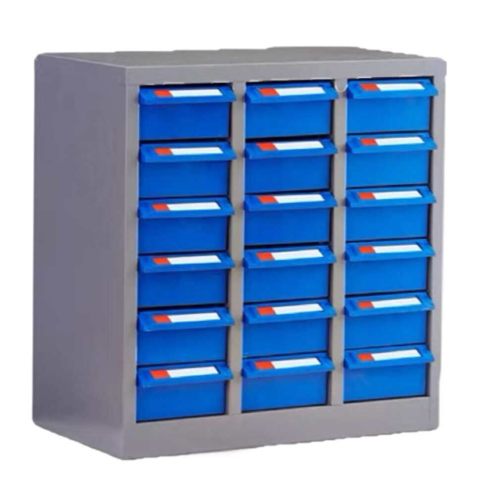 18 drawer parts cabinet, length 21.65 inch, width 11.81 inch, height 22.44 inch, gray with blue drawers