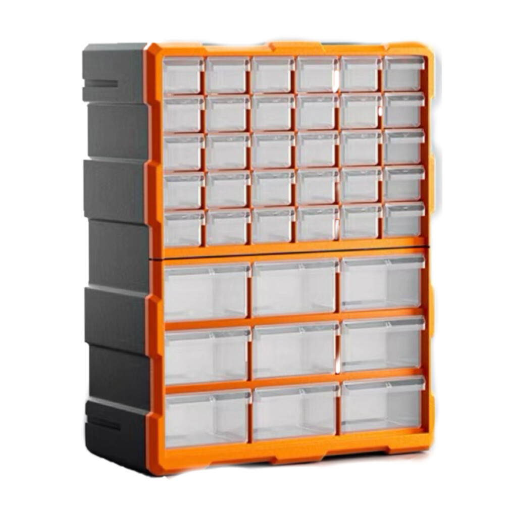 Drawer type parts box, 39 compartments, length 18.90 inch, width 14.57 inch, height 7.09 inch, orange and black