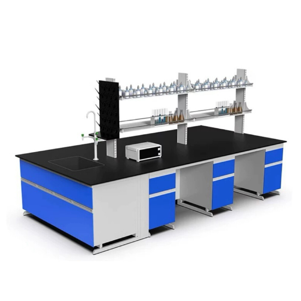 Full Steel Central Laboratory Table, Dark Blue, 31.50 in by 125.98 in by 59.06 in