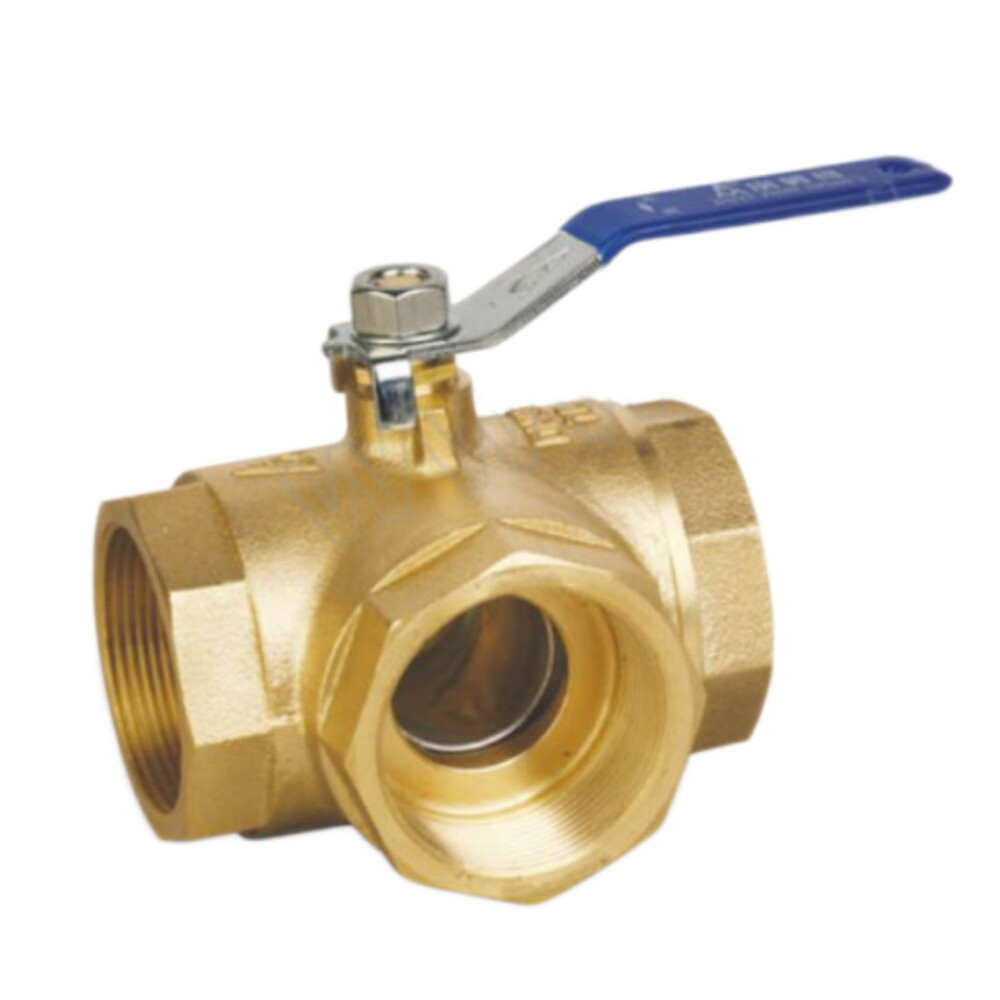 Brass Three Way Ball Valve, T Type, DN50, 1.97 in Nominal Diameter, 16 bar Nominal Pressure, NPT Internal Thread