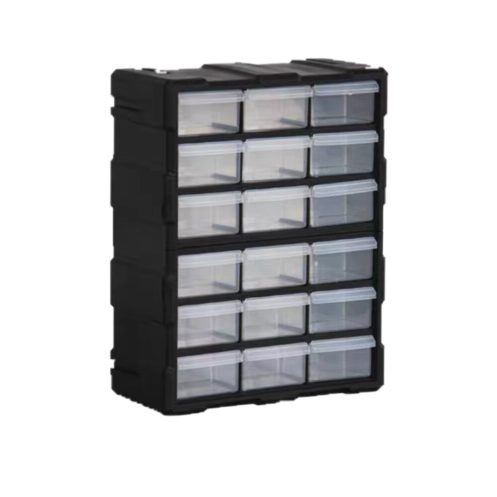 Drawer type parts box, 18 compartments, length 18.90 inch, width 14.57 inch, height 7.09 inch, black
