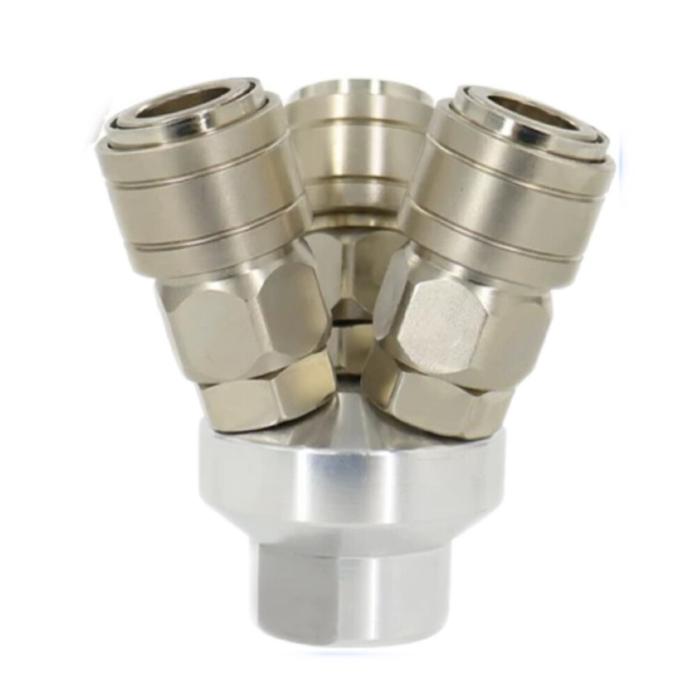 Round three way quick connector, one quarter inch NPT female thread, carbon steel