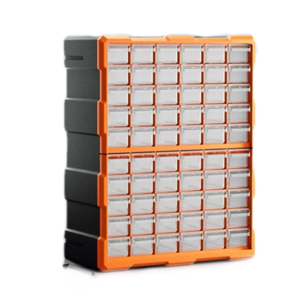 Drawer type parts box, 60 compartments, length 18.90 inch, width 14.57 inch, height 7.09 inch, orange and black