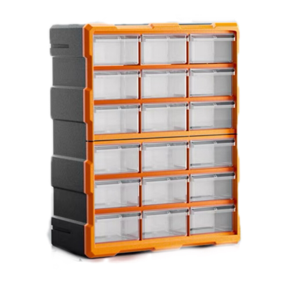 Drawer type parts box, 18 compartments, length 18.90 inch, width 14.57 inch, height 7.09 inch, orange and black