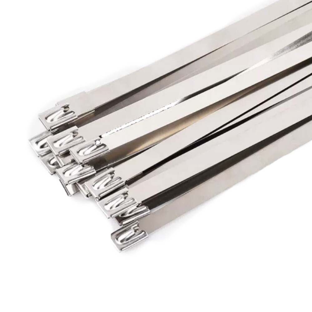 Stainless steel cable tie, model HKW 137, width 0.39 inch, thickness 0.01 inch, net weight 1.10 pound, Pkg Qty 50