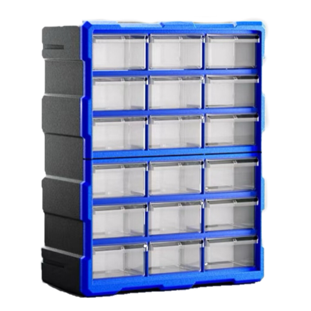 Drawer type parts box, 18 compartments, length 18.90 inch, width 14.57 inch, height 7.09 inch, blue and black