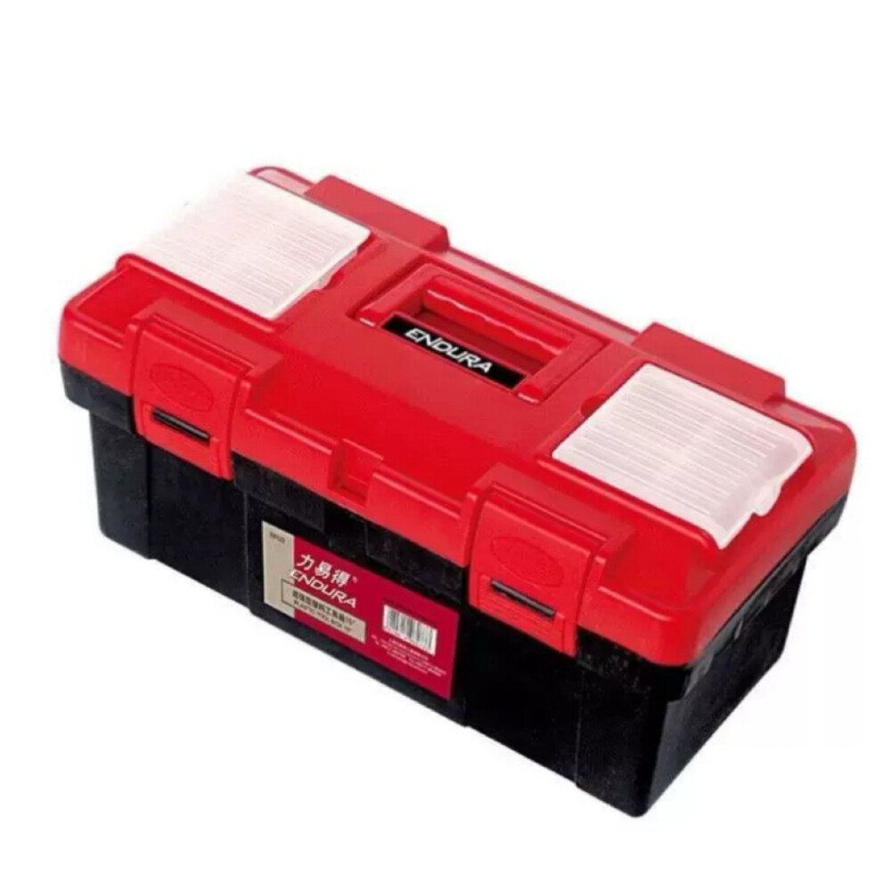 Reinforced plastic toolbox, model E8124, 17 inch, length 16.54 inch, width 8.66 inch, height 7.68 inch, red and black
