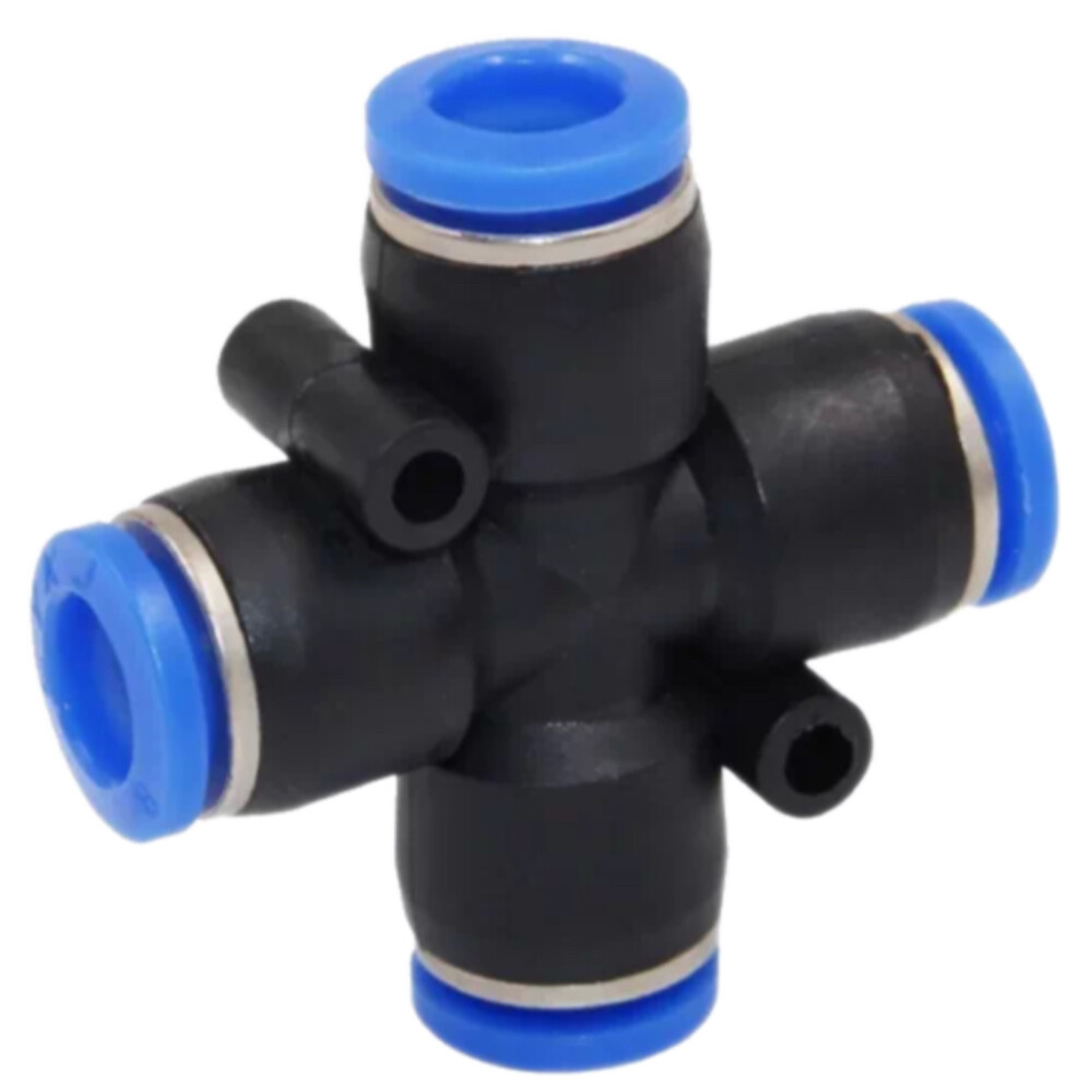 Cross Type Four Way Quick Connector, PZA8, 0.31 in Hose to 0.31 in Hose to 0.31 in Hose to 0.31 in Hose