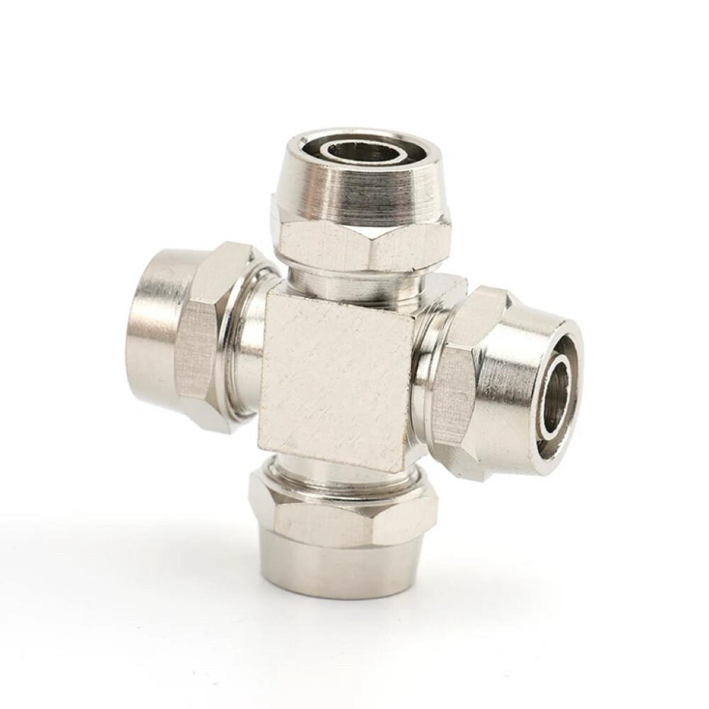 Brass Nickel Plated Equal Diameter Cross Type Four Way Quick Twist Connector, PZA10, 0.39 in Hose to 0.39 in Hose to 0.39 in Hose to 0.39 in Hose