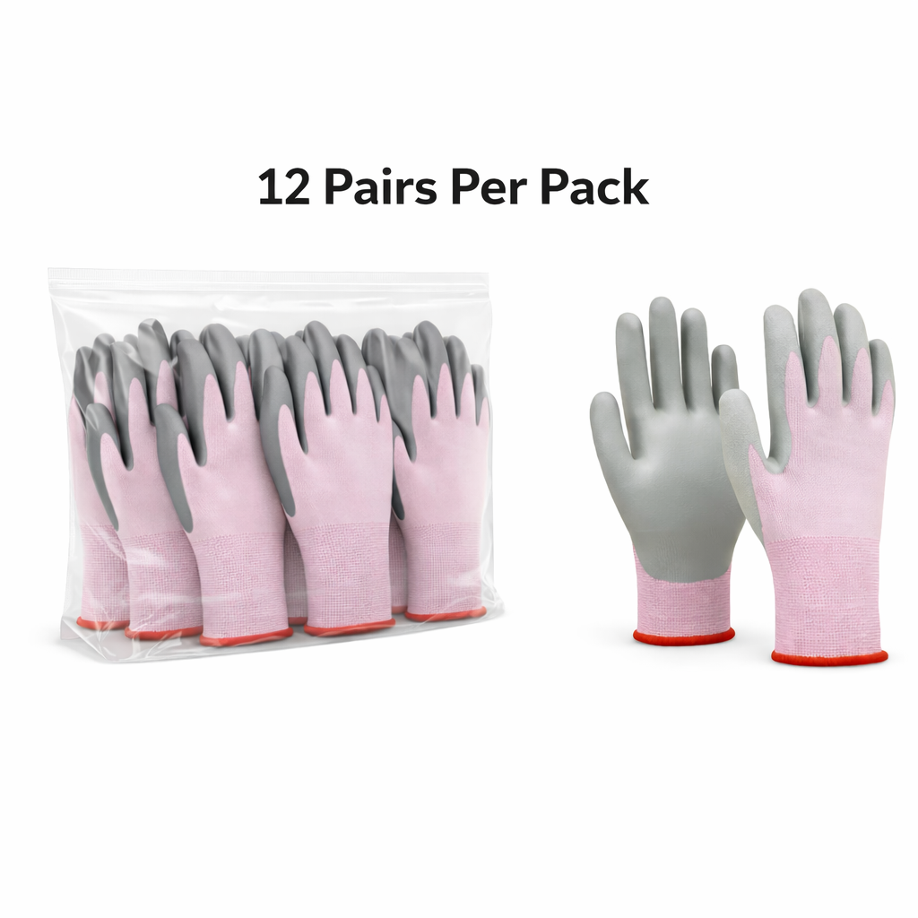 Knit Cut Resistant Work Gloves, PU Coated, HPPE, A4 Cut Level, 21ga, Pink, Pkg Qty 12