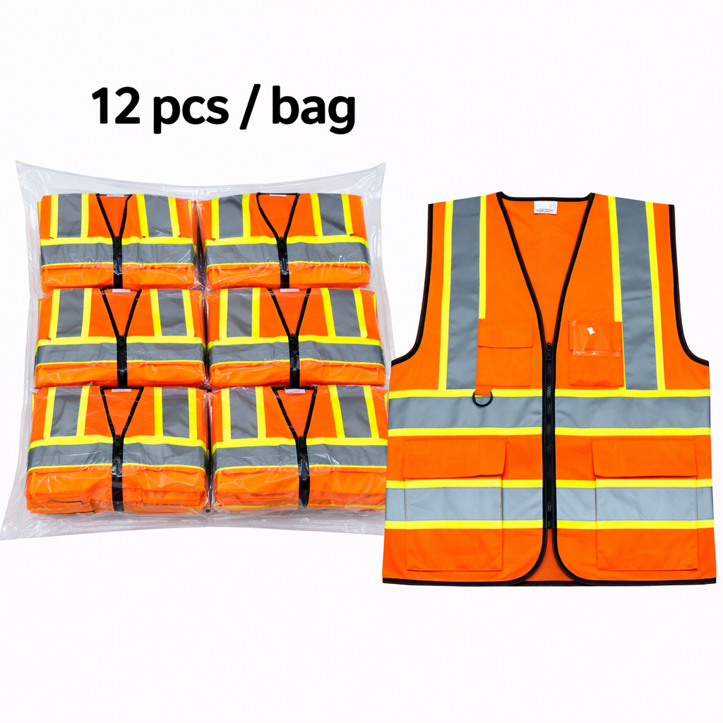 High Visibility Safety Vest, Orange, Polyester, Reflective Stripes, Zipper Closure, Multiple Pockets, Pkg Qty 12