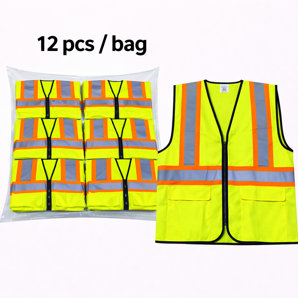 Reflective High Visibility Safety Vest, Yellow, Zipper Closure, Polyester, Multiple Pockets, Pkg Qty 12