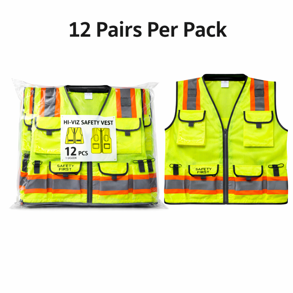 Industrial Hi Visibility Reflective Work Vest, Fluorescent Yellow, Zipper Front, Polyester Fabric, Utility Pockets, Pkg Qty 12