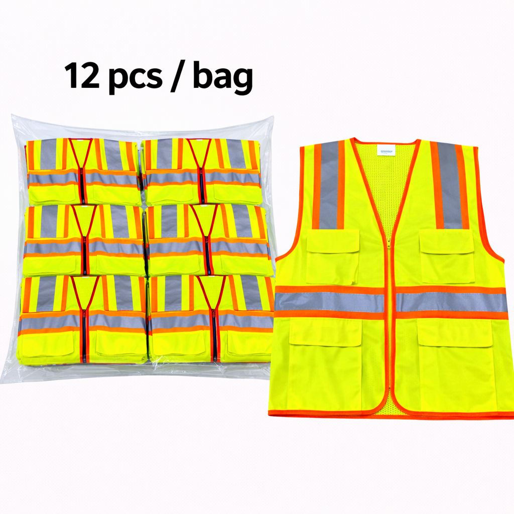 High Visibility Reflective Safety Vest, Yellow, Polyester, Zipper Closure, Multiple Pockets, Pkg Qty 12