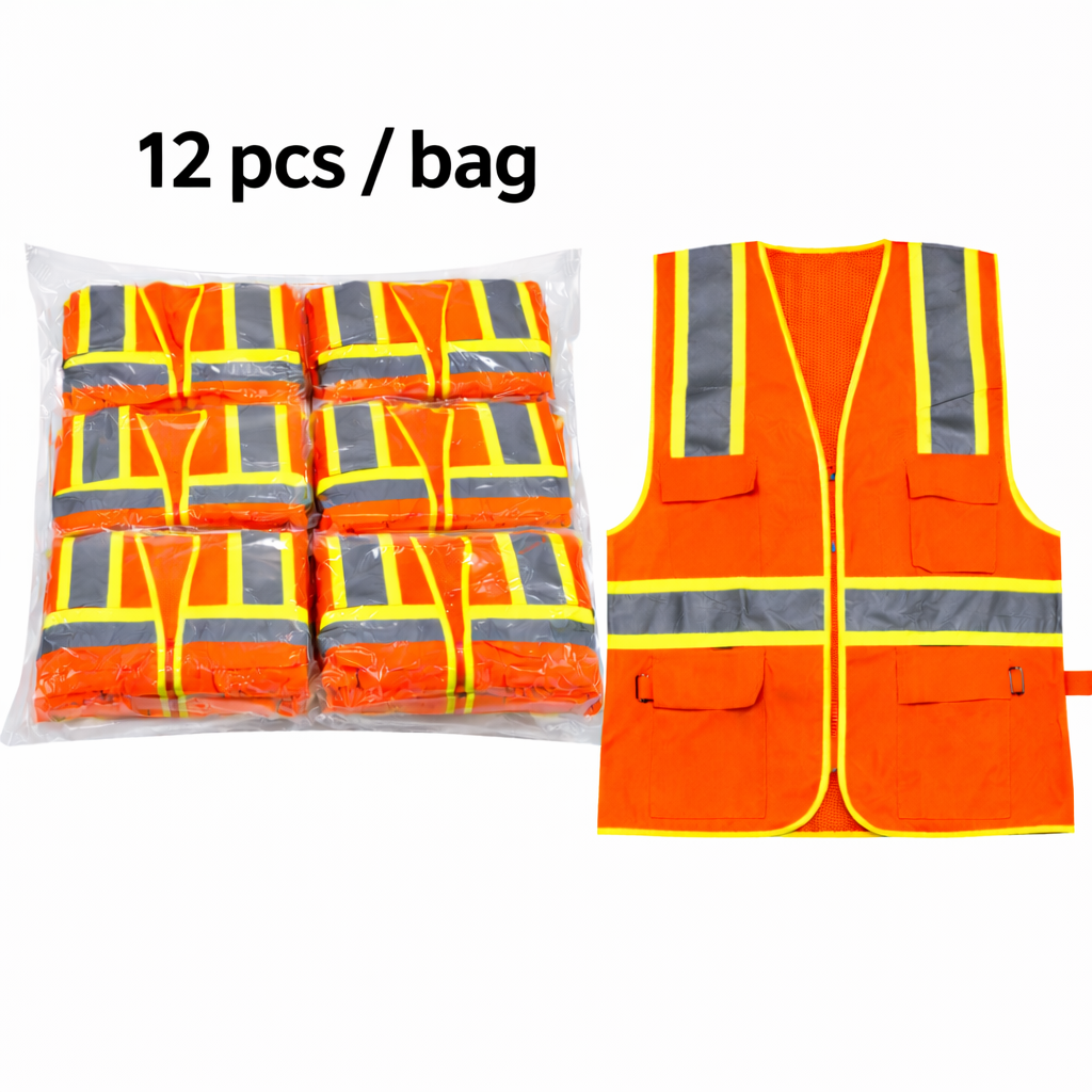 High Visibility Safety Vest, Orange, Polyester, Reflective Stripes, Zipper Closure, Pkg Qty 12