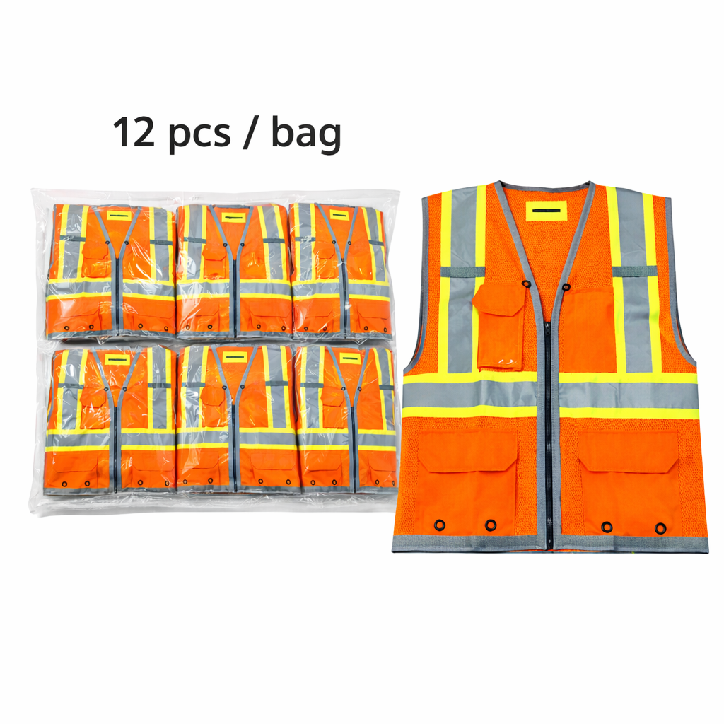 High Visibility Safety Vest, Orange, Polyester, Reflective Stripes, Zipper Closure, Mesh Back, Pkg Qty 12