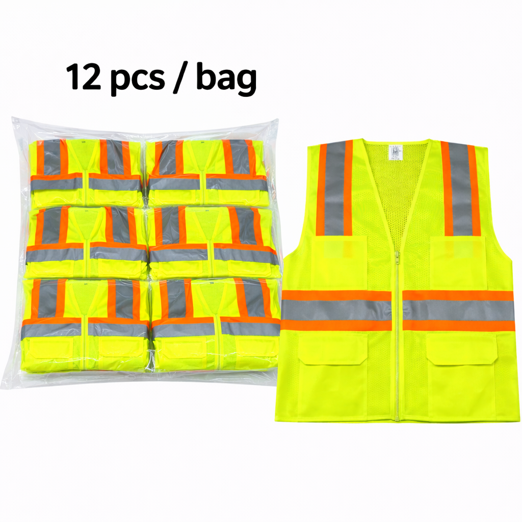 High Visibility Safety Vest, Yellow, Polyester, Reflective Stripes, Zipper Closure, Pkg Qty 12