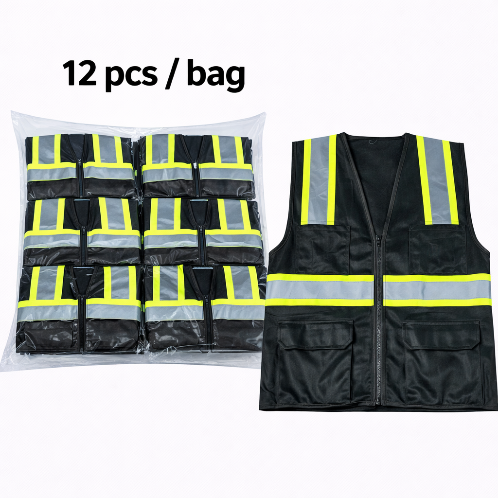 High Visibility Safety Vest, Black, Polyester, Reflective Stripes, Zipper Closure, Multiple Pockets, Pkg Qty 12