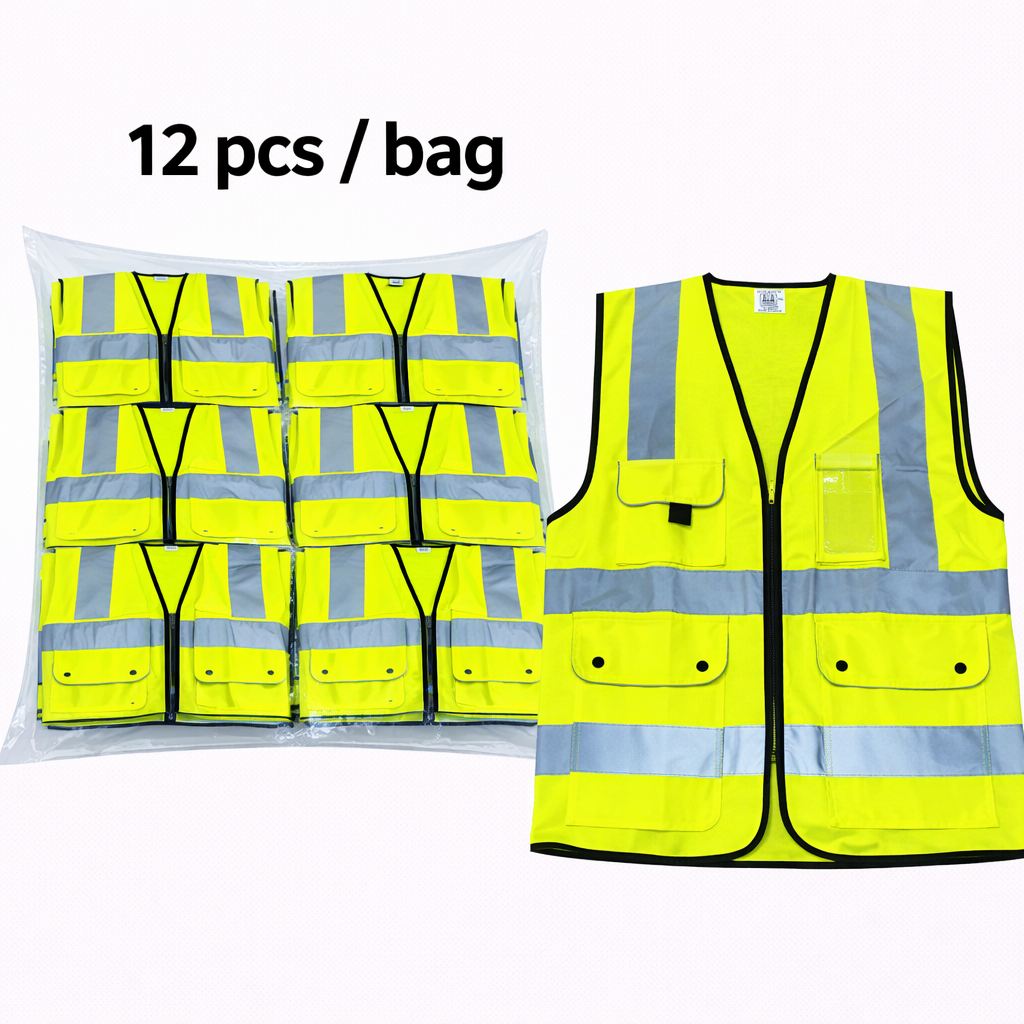 Safety Vest, Yellow, Reflective Stripes, Zipper Closure, Multiple Pockets, High Visibility, Pkg Qty 12