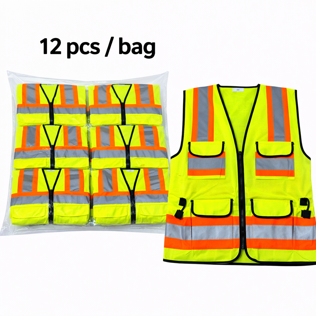 High Visibility Safety Vest, Yellow, Polyester, Reflective Stripes, Zipper Closure, Multiple Pockets, Pkg Qty 12
