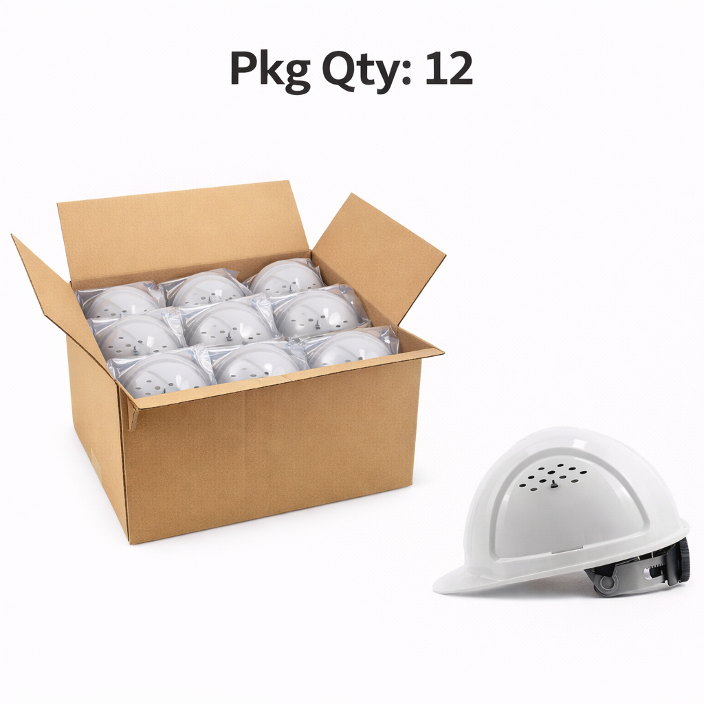 Industrial Safety Helmet, ABS Shell, V Type Ventilated Design, Ratchet Adjustable, 2200 V Electrical Insulation, Yellow, Pkg Qty 12