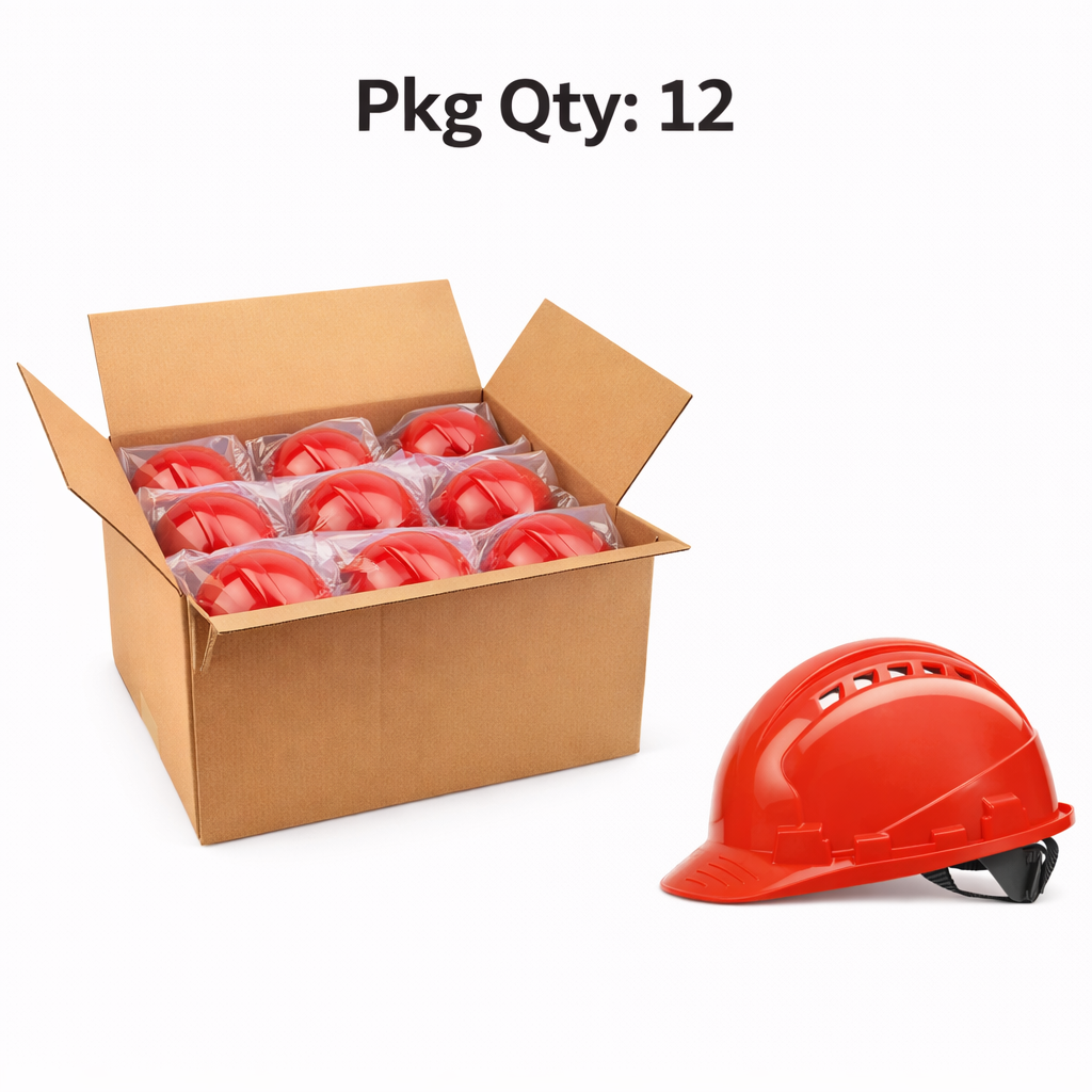 Industrial Safety Helmet, ABS Shell, Three Ridge Design, 2200V Electrical Insulation, Red, Pkg Qty 12