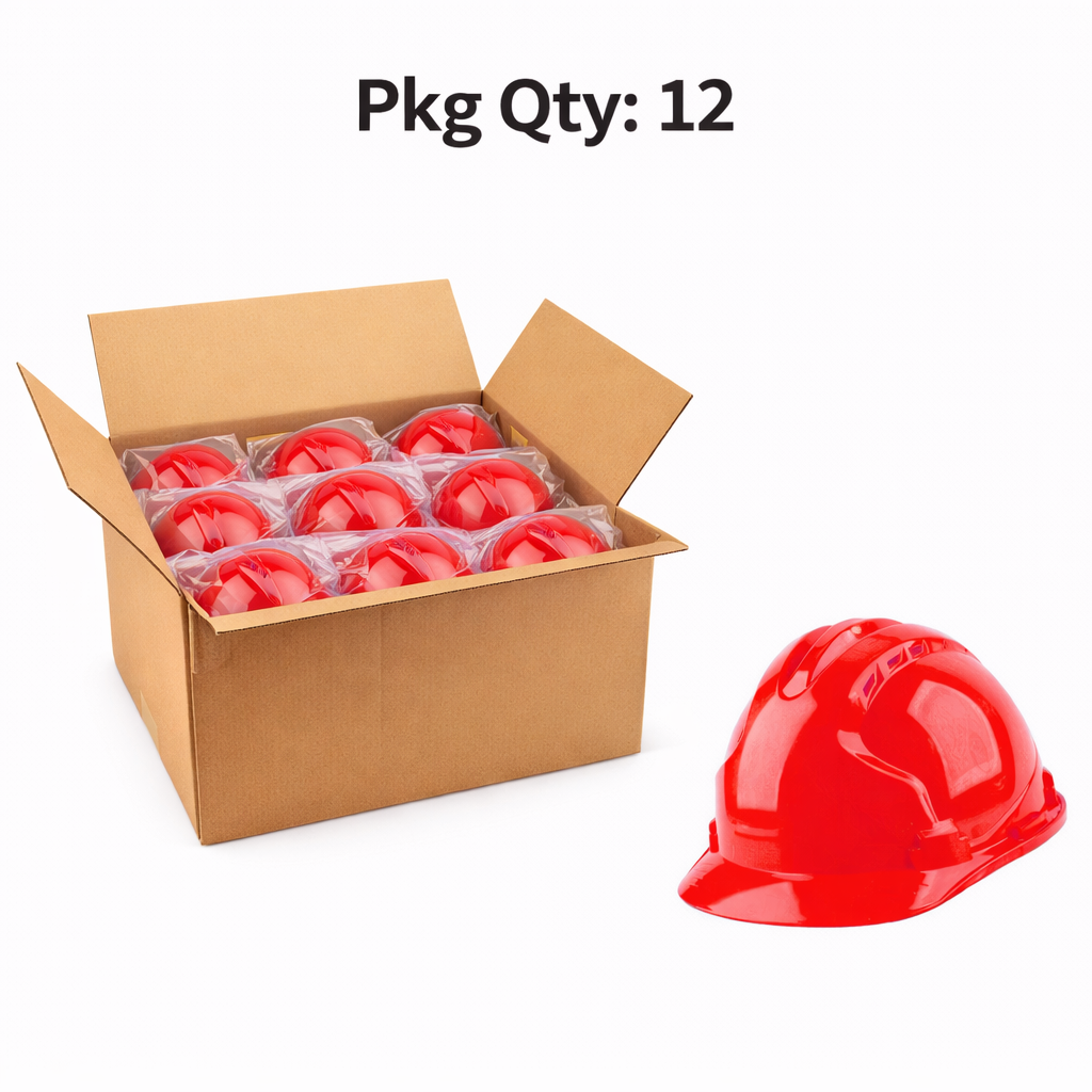 Industrial Safety Helmet, ABS Shell, Three Ridge Design, Ratchet Adjustable, 2200V Electrical Insulation, Red, Pkg Qty 12